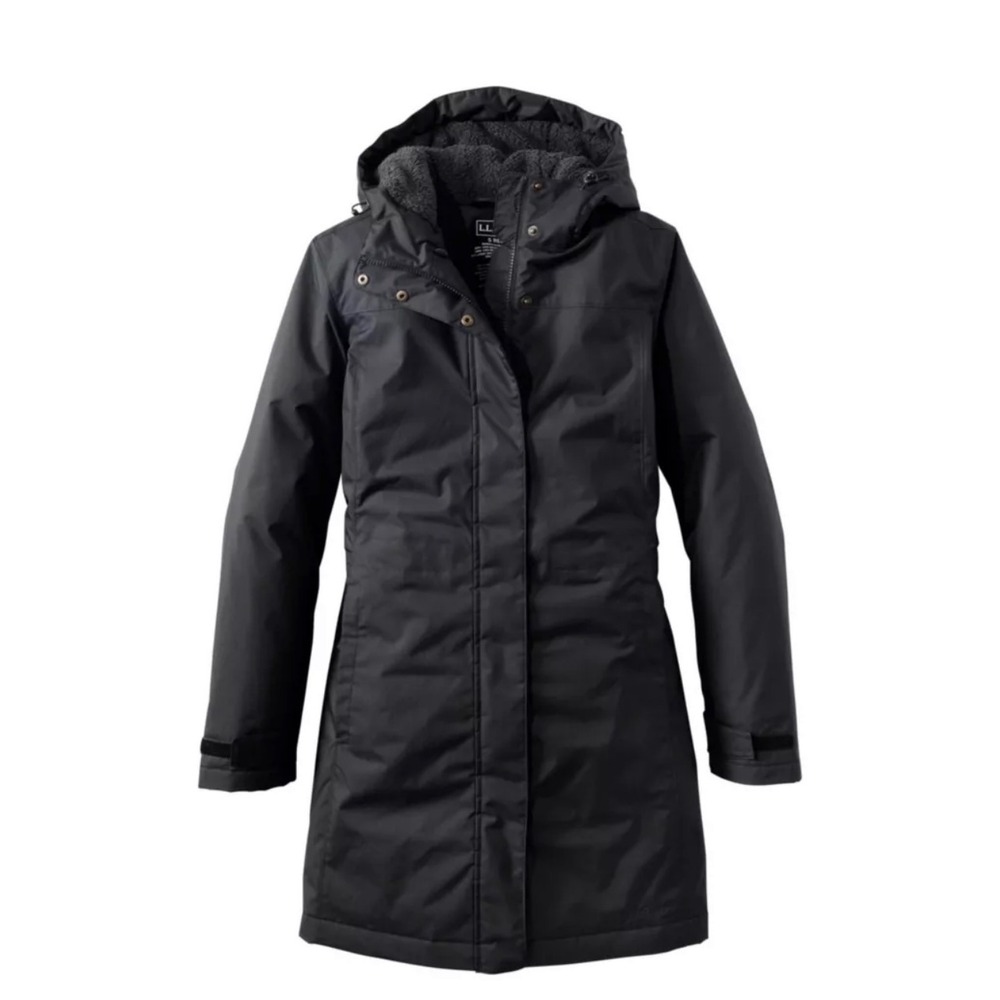LL Bean 271139 Winter Warmer Coat Womens‎ Medium Black Hooded Jacket Fleece - Picture 2 of 11
